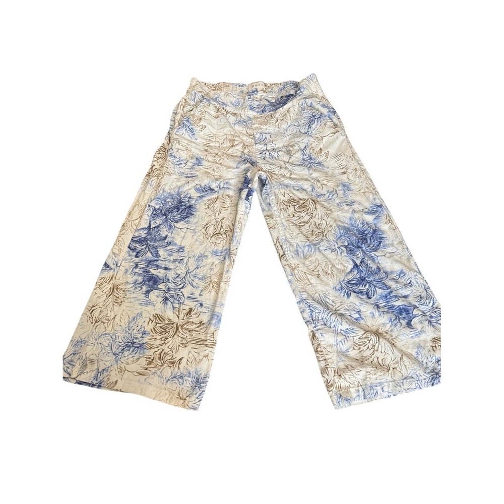 da-sh Blue Tan Tropical Floral Linen Blend Wide Leg Crop Pants Small